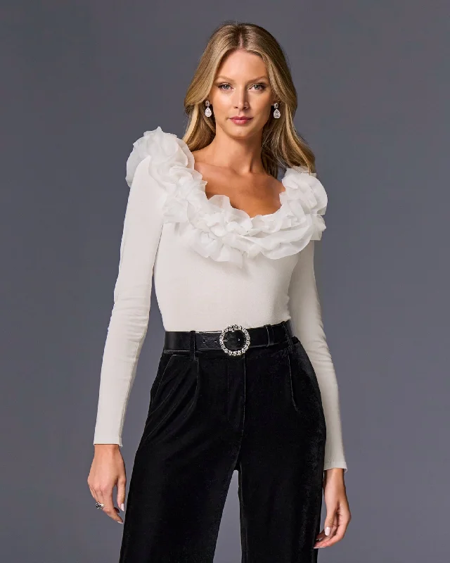 Organza Ruffle V Neck Sweater Off White