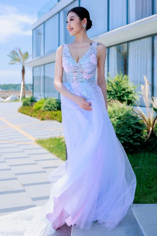 A-Line Sweep-Brush Train Tulle Prom Dress CS0504