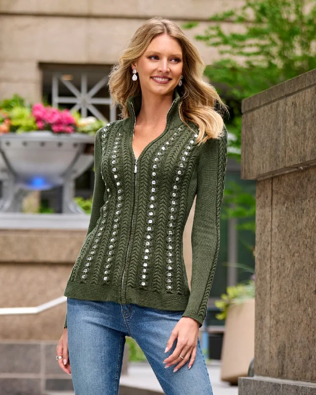 Turtleneck Zip Up Cable Embellished Cardigan Sweater Olive Night