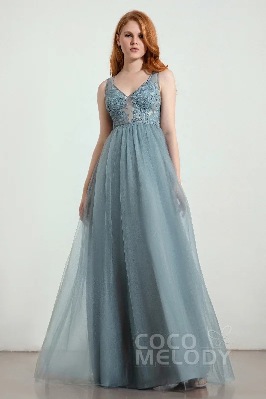 A-Line Floor Length Tulle Lace Bridesmaid Dress CB0438