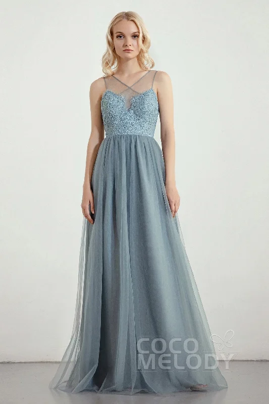 A-Line Floor Length Tulle Lace Bridesmaid Dress CB0439