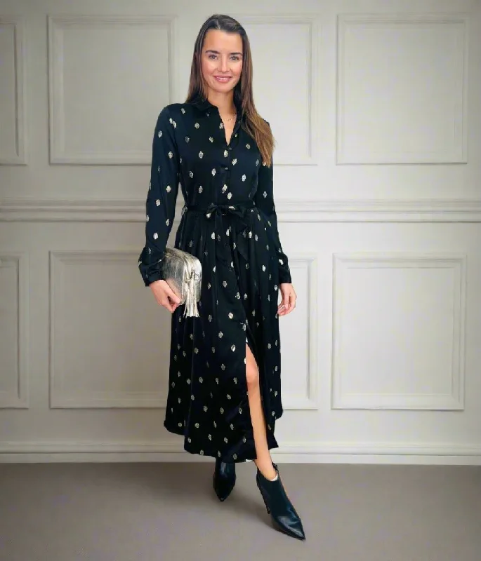 Zara Black Metallic Print Midaxi Shirt Dress