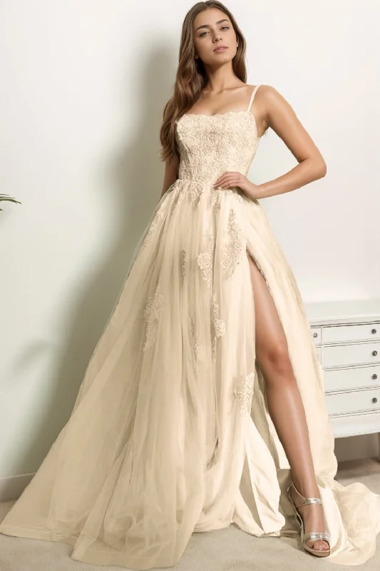 A-Line Sweep-Brush Train Tulle Prom Dress CS0415