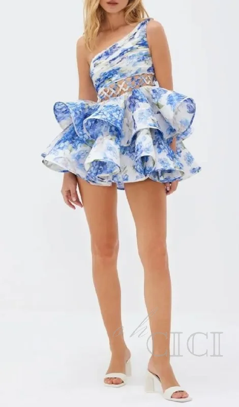 GAIL BLUE FLORAL PRINTED ONE-SHOULDER MINI CHIFFON DRESS