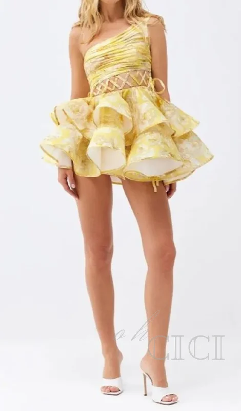 GAIL YELLOW FLORAL PRINTED ONE-SHOULDER MINI CHIFFON DRESS