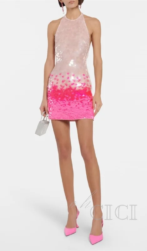 GISELLE PINK HALTER GRADIENT SEQUINS MINI DRESS