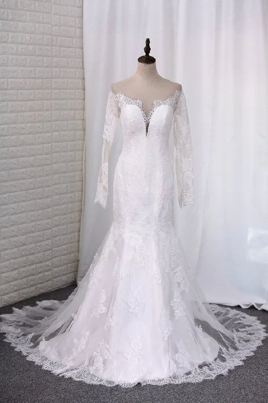 2024 Wedding Dresses Long Sleeves Scoop Mermaid Tulle PKG418MQ Lace Back Wedding