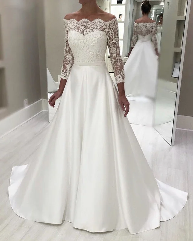 A Line Satin Off Shoulder Wedding Dresses With Lace Sleeves