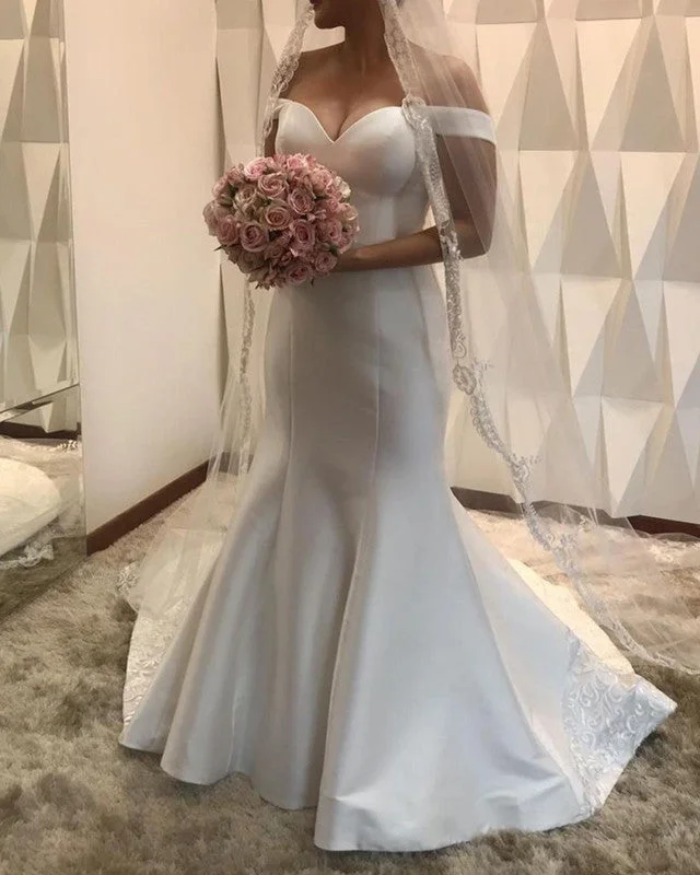 Off The Shoulder Mermaid Wedding Dress Satin Court Train With Embroidery