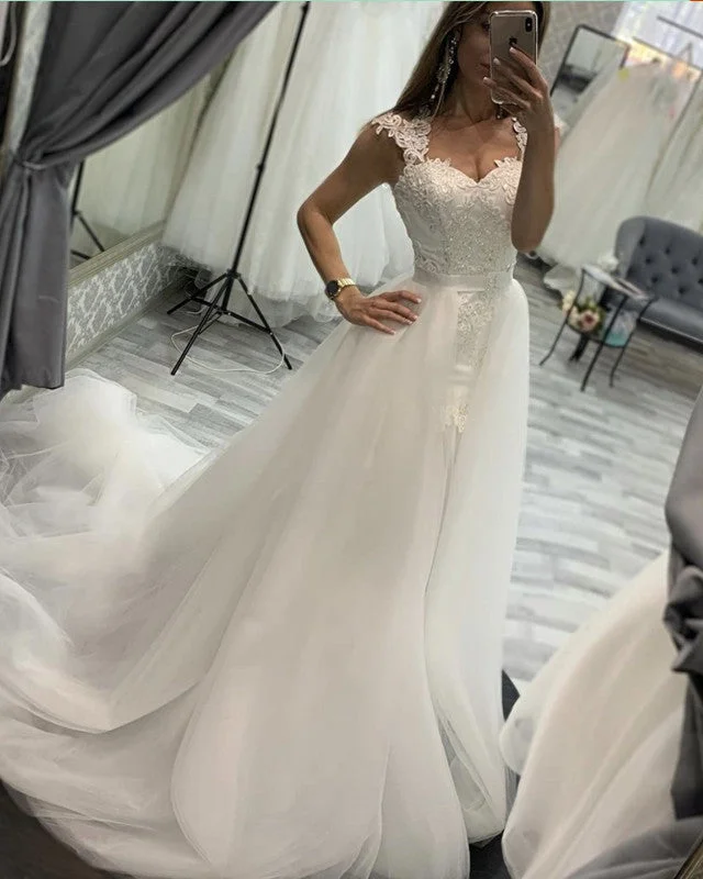 Removable Train Mermaid Wedding Dress Lace Chic Bridal Gown