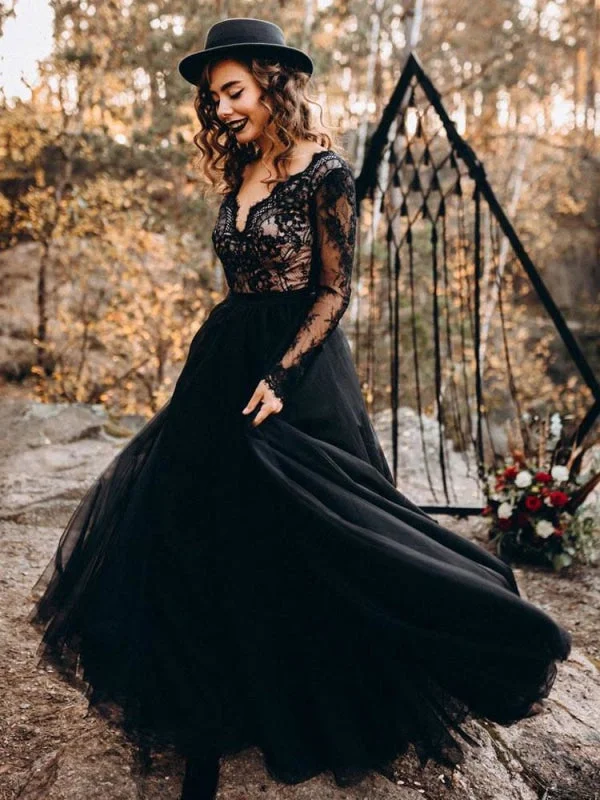 Black Wedding Dresses A-Line Designed Neckline Long Sleeves Natural Waistline Tulle Lace Sweep Bridal Gown Vintage Style Dress Black Wedding Dresses A-Line Designed Neckline Long Sleeves Natural Waistline Tulle Lace Sweep Bridal Gown Vintage Style Dress