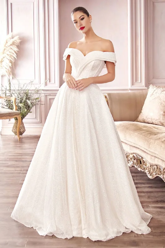 Glittering Off Shoulder Long Ball Gown Wedding Dress With Slit