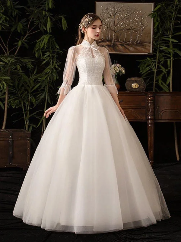 Gorgeous High Collar 3/4 Sleeve Lace-Up Ball Gown Wedding Dresses Open Back Dress