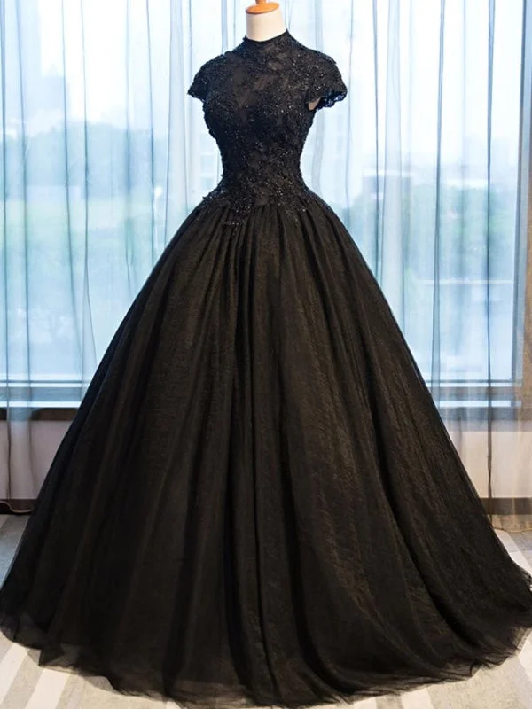 High Neck Beading Lace Black Wedding Dresses