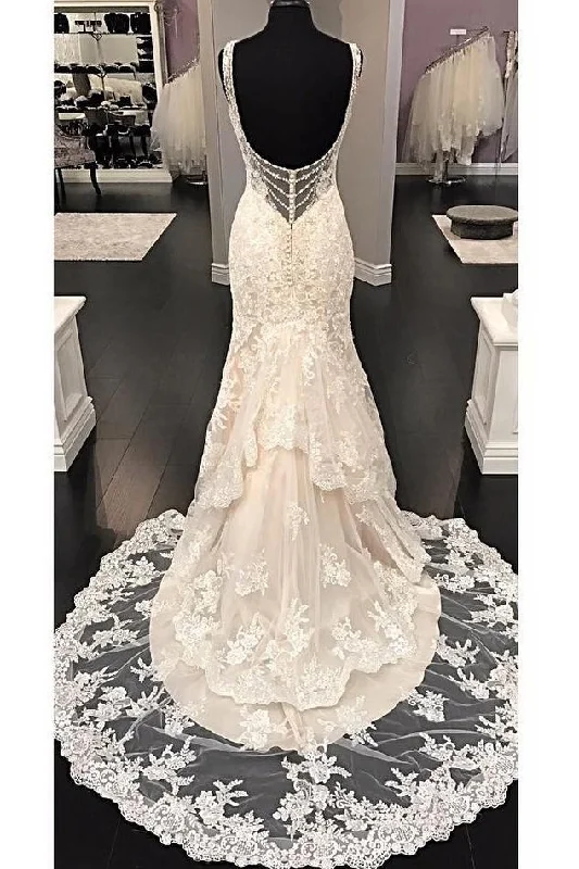 Luxurious V Neck Sleeveless Mermaid Long Lace Wedding Dress Sweep Train Bridal Dress N835