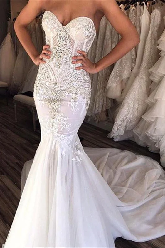 Ivory Mermaid Lace Up Sweetheart See Through Long Beading Lace Wedding Dress