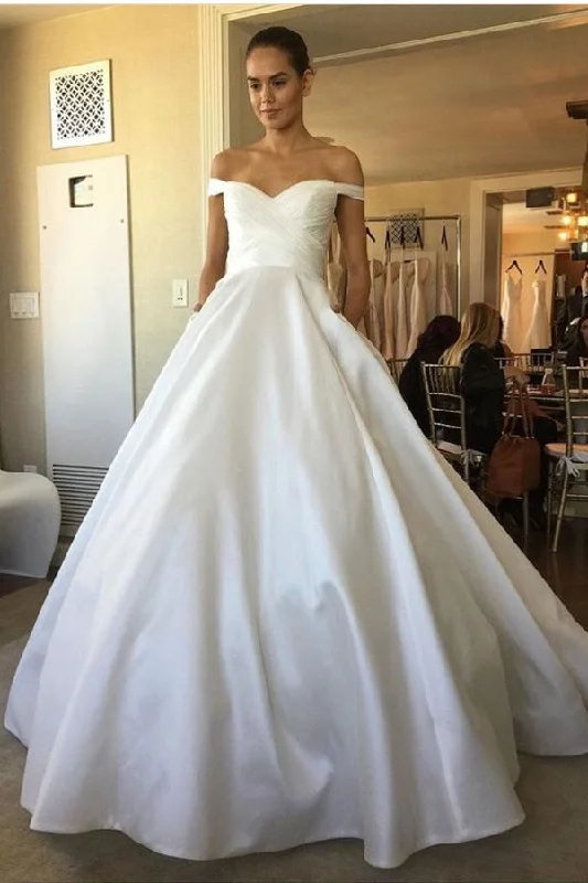 Ivory Off The Shoulder Long Satin Ball Gown Wedding Dress With Pockets