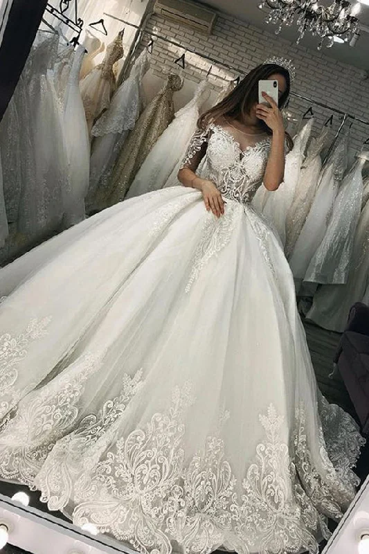 Sheer Tulle Ball Gown Wedding Dress With Appliques Short Sleeves Beaded Lace Wedding