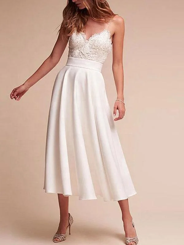 Short Wedding Dress V Neck Sleeveless A Line Tea Length Straps Bridal Gowns