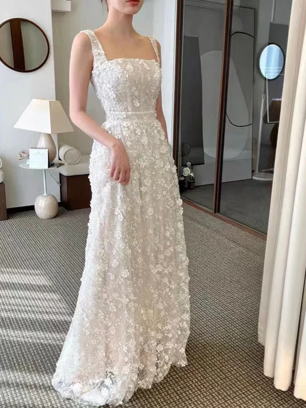 Square Neckline A-line Beaded Appliques Wedding Dresses, Bridal Gown Princess Bridal Dress