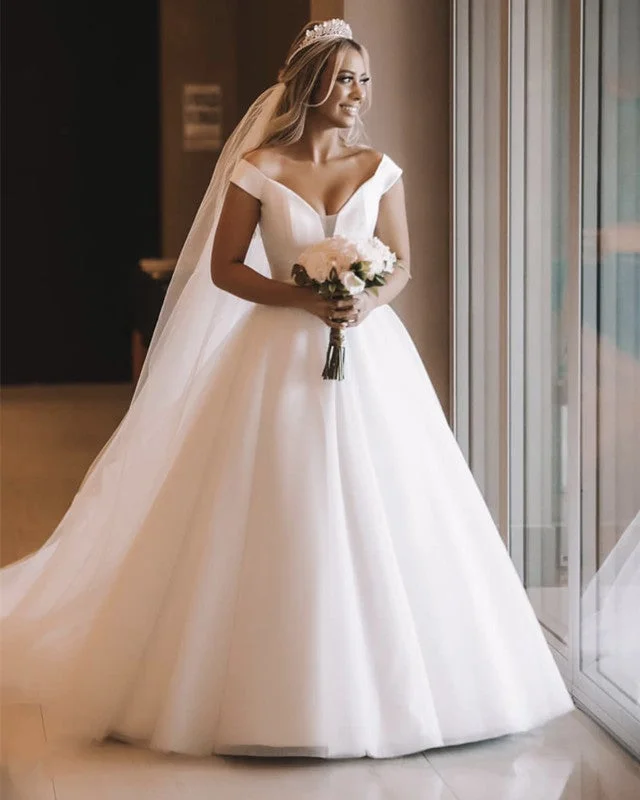 Tulle And Satin Off Shoulder Wedding Dress With Belt