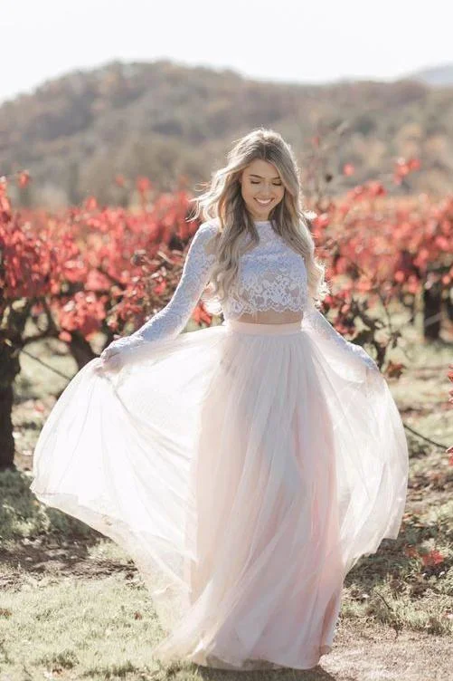 Two Pieces Long Sleeves Lace Wedding Dress Blush Pink Boho Beach Wedding Dress N2054 Short Wedding Gown Two Pieces Long Sleeves Lace Wedding Dress Blush Pink Boho Beach Wedding Dress N2054 Short Wedding Gown