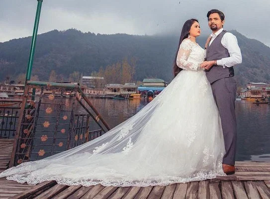 W172, White Lace Full Sleeves Prewedding Trail Ball Gown, Size (XS-30 to XL-40) Classic Satin Gown W172, White Lace Full Sleeves Prewedding Trail Ball Gown, Size (XS-30 to XL-40) Classic Satin Gown