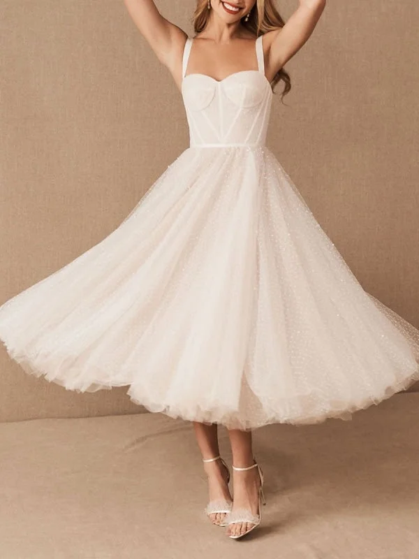 White Bridal Short Dress T-Length A-Line Sweetheart Pearls Spaghetti Straps Tea Length Dress