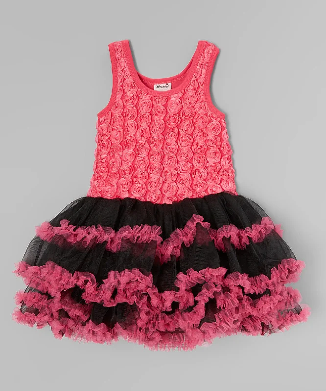 Hot Pink Rose & Black Ruffle Skirt Dress