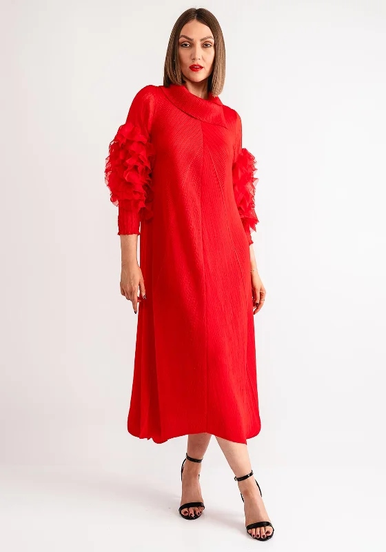 Thanny Collar Ruffle Sleeve Midi Dress, Red