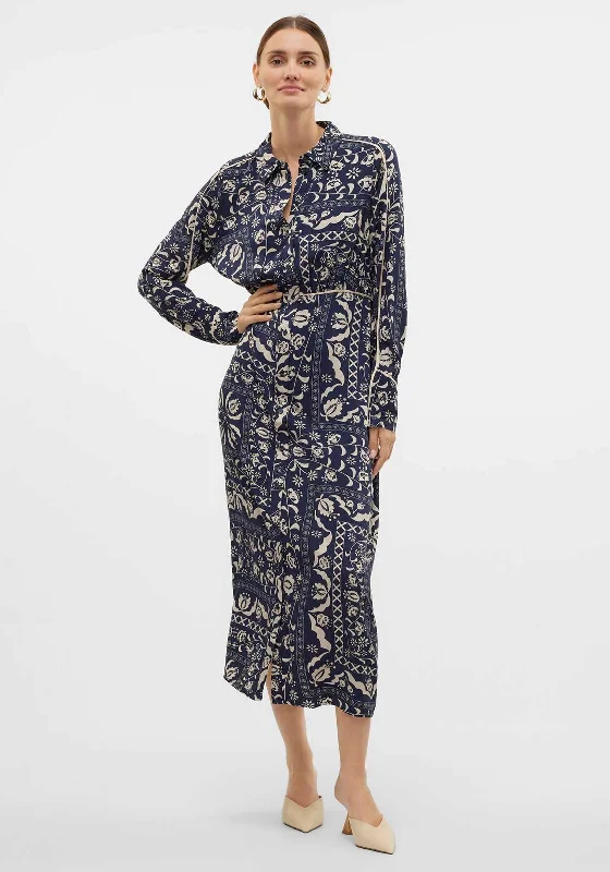 Vero Moda Gidde Printed Midi Shirt Dress, Navy