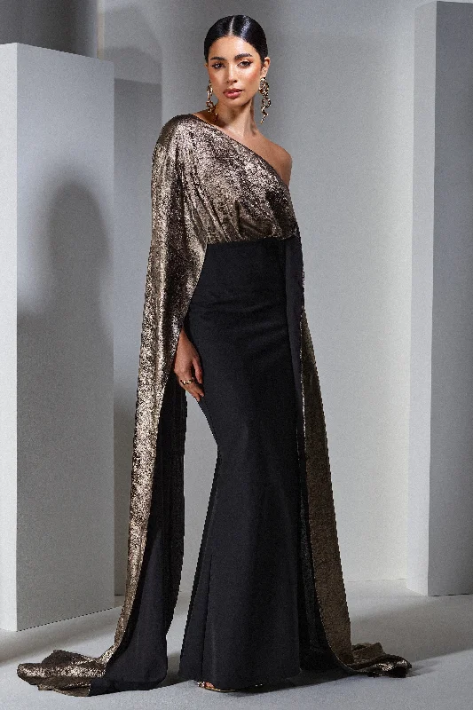 Alura | Black & Gold Metallic One Shoulder Cape Maxi Dress