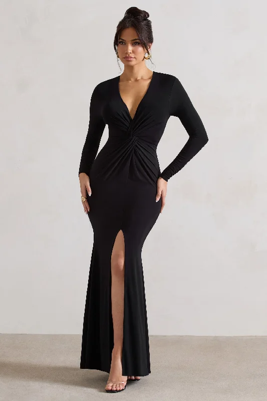 Tianna | Black Plunge-Neck Twisted Split Maxi Dress