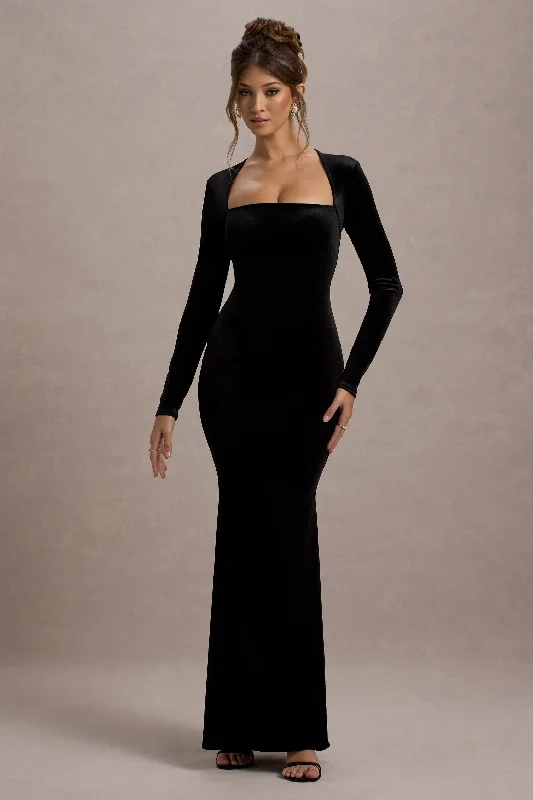 Morana | Black Velvet Square-Neck Long-Sleeve Maxi Dress