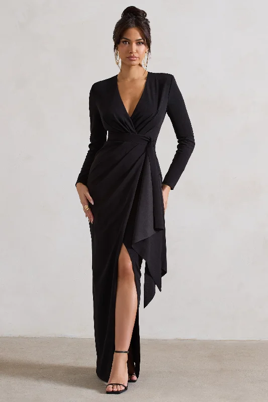 Odetta | Black Plunge-Neck Wrap Maxi Dress With Tie Waist