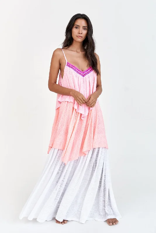 Tiered Beach Dress - Strappy Long Beach Dress Light Pink/Salmon/White