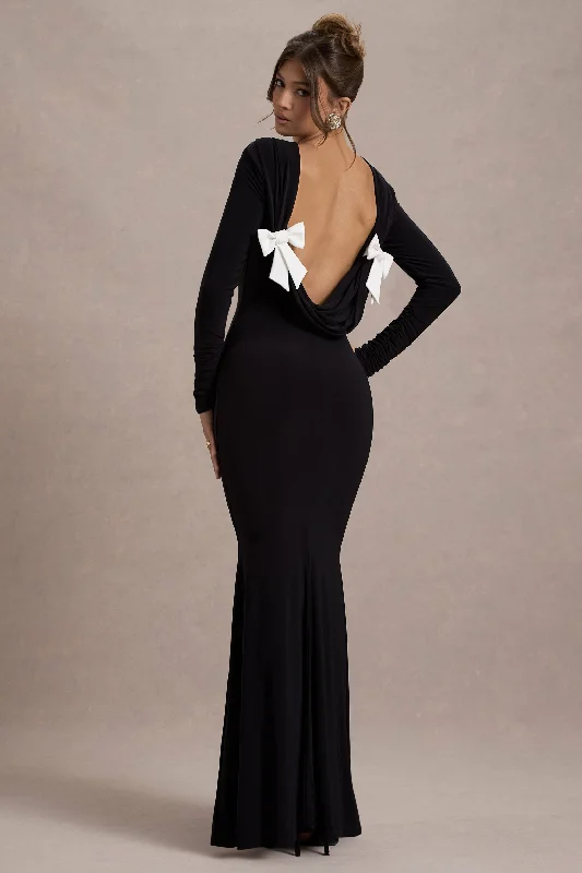 Rosalee | Black Long-Sleeve Cowl-Back Fishtail Maxi Dress With Bows