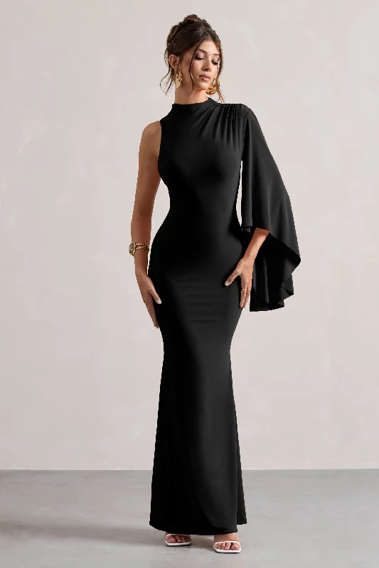 Samaya | Black High-Neck Cape-Sleeve Maxi Dress