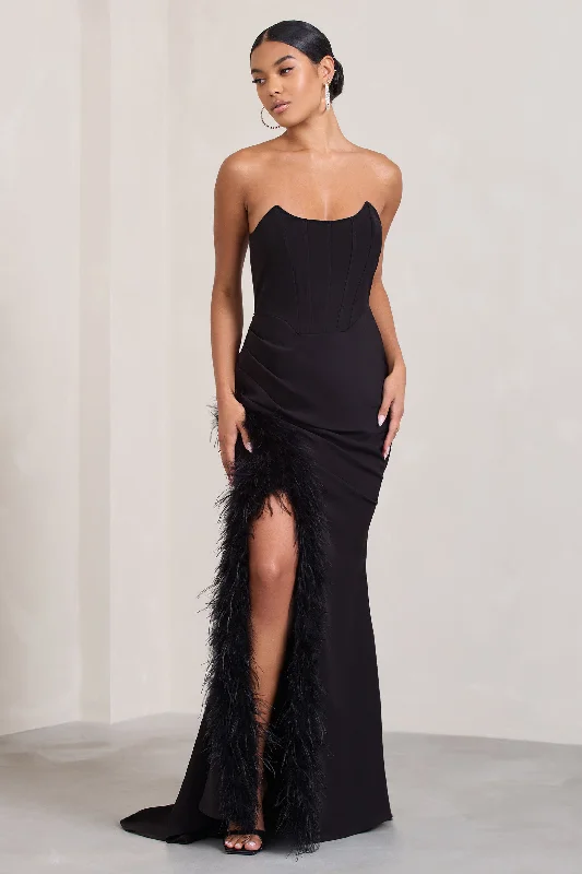 Say Yes | Black Corset Maxi Dress With Split Feather Skirt