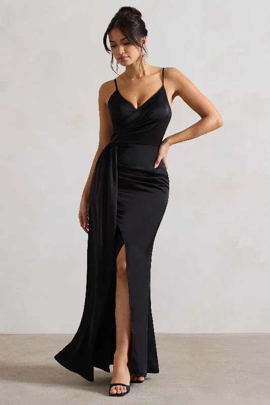 Soraya | Black Satin V-Neck Split Maxi Dress With Drape