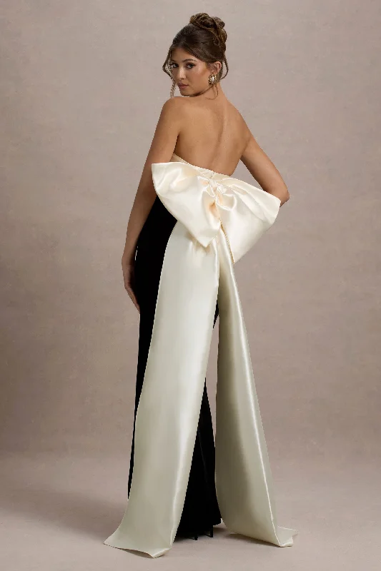 Take A Bow | Black & Cream Velvet Strapless Maxi Dress With Oversized Bow