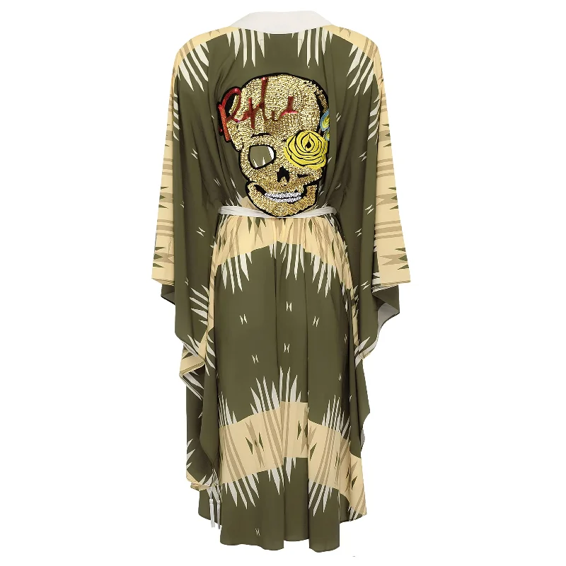 Tribal Beige Aztec Long Kimono Skull