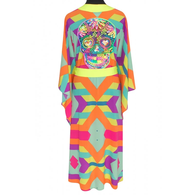 Tribal Colorful Mayan Long Kimono Skull In Neon Yellow