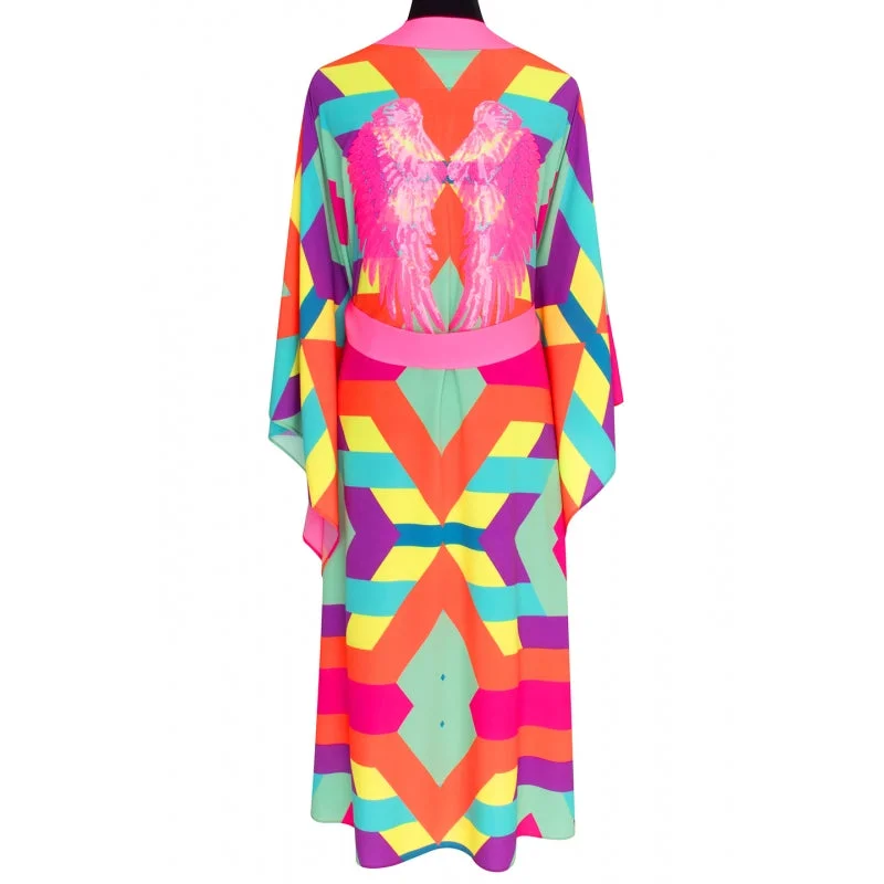 Tribal Colorful Mayan Long Kimono Wings In Neon Pink