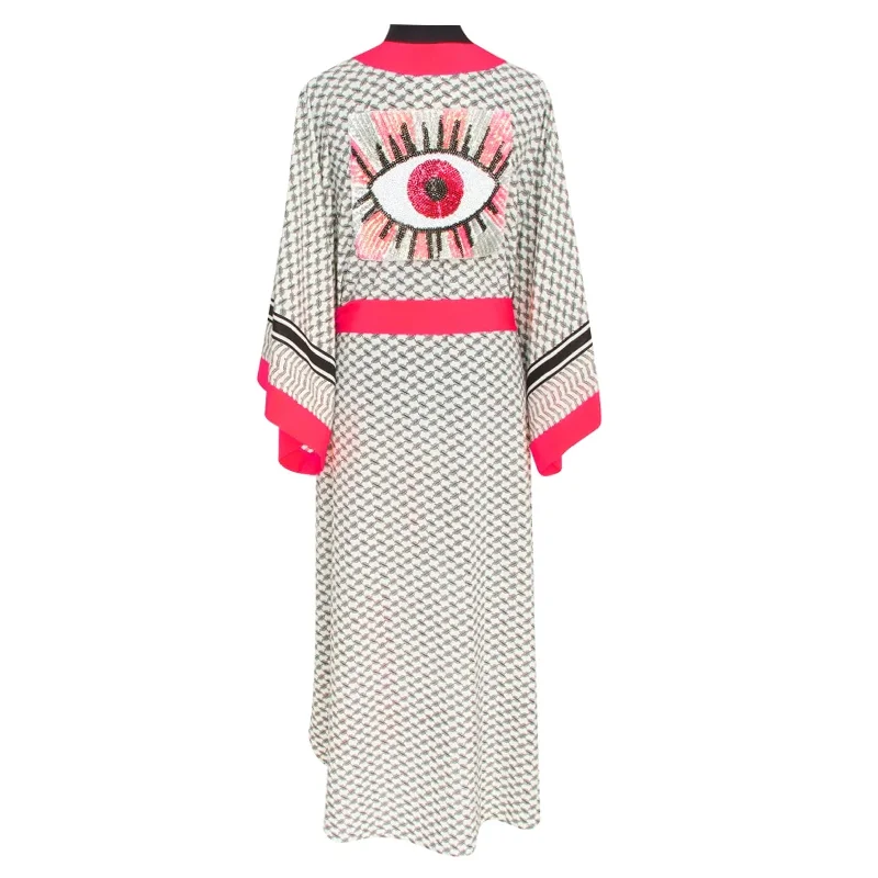 Tribe Kimono Evil Eye Long In Neon Coral