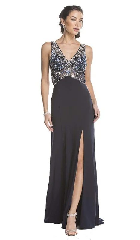 Aspeed Design - Beaded V-Neck Evening Gown with Slit