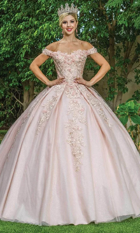 Dancing Queen - 1574 Floral Applique Off Shoulder Ballgown With Train