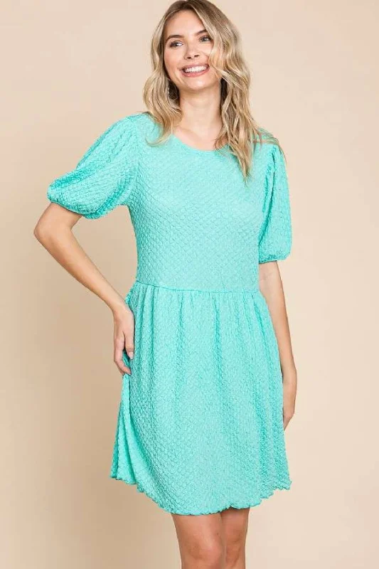 Blue Zone Planet |  Culture Code Full Size Textured Round Neck Puff Sleeve Dress