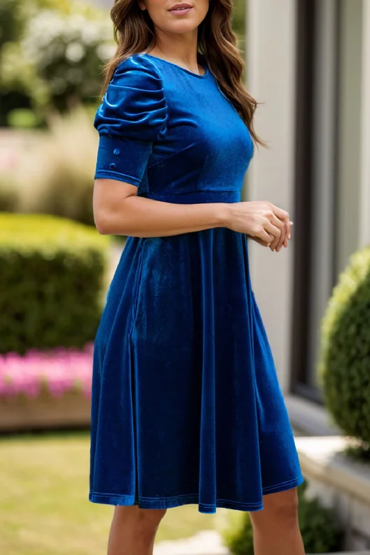 Blue Zone Planet |  Velvet Round Neck Puff Sleeve Dress