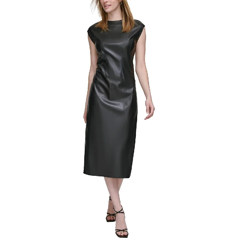 Calvin Klein Womens Solid Faux Leather Sheath Dress